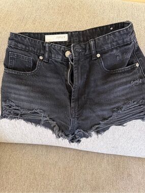 Zara Black Frayed High-Waist Denim Shorts